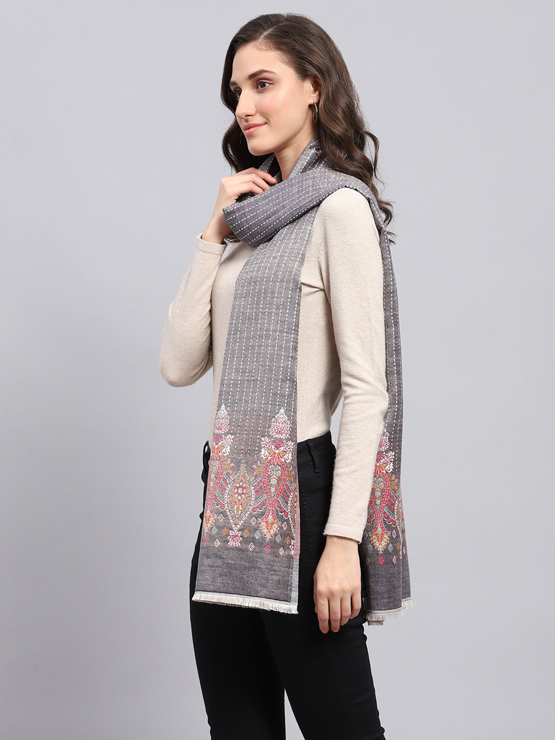 Women Grey Self Design Stole