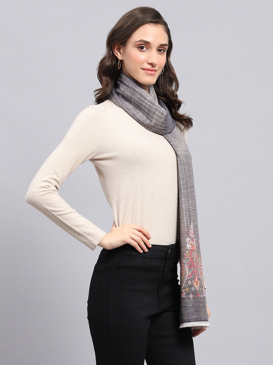 Women Grey Self Design Stole