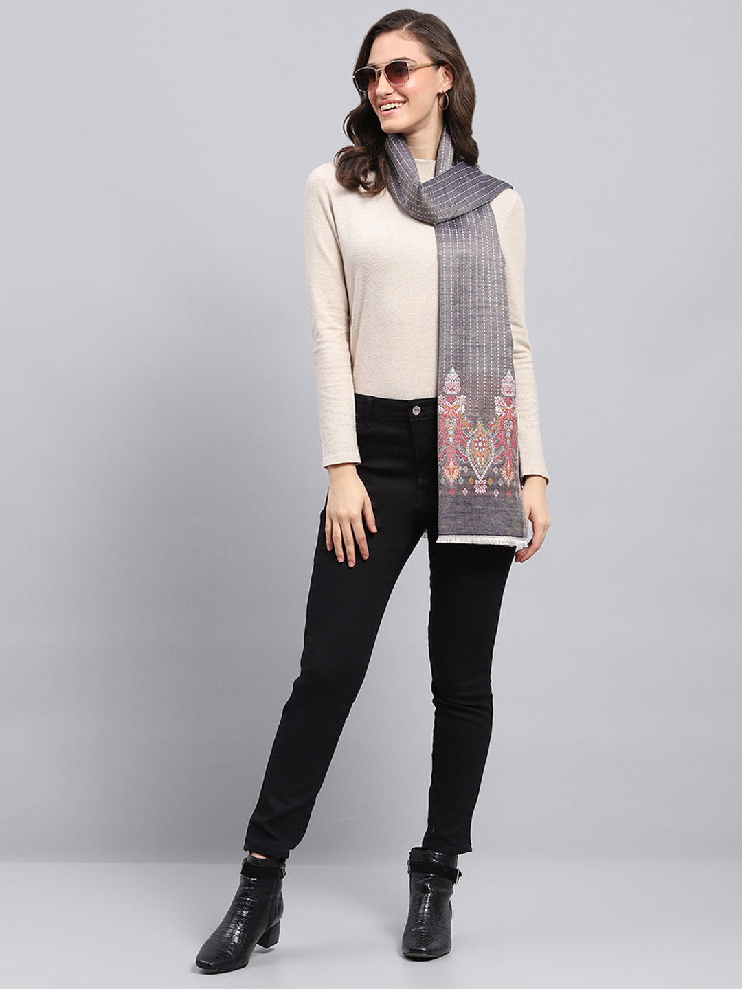 Women Grey Self Design Stole