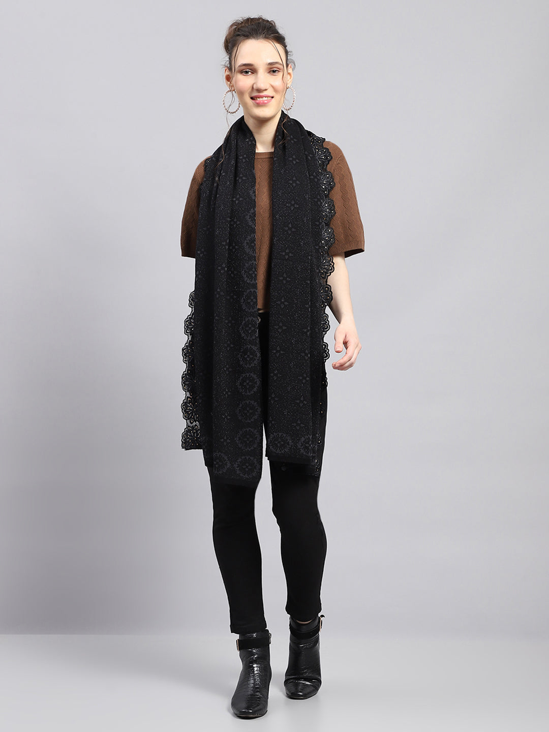 Women Black Self Design Stole