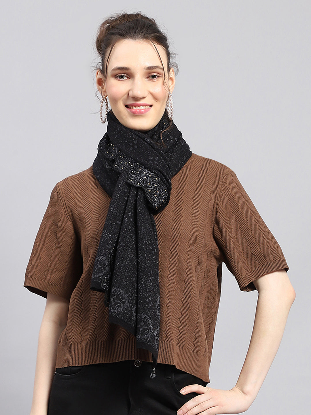 Women Black Self Design Stole