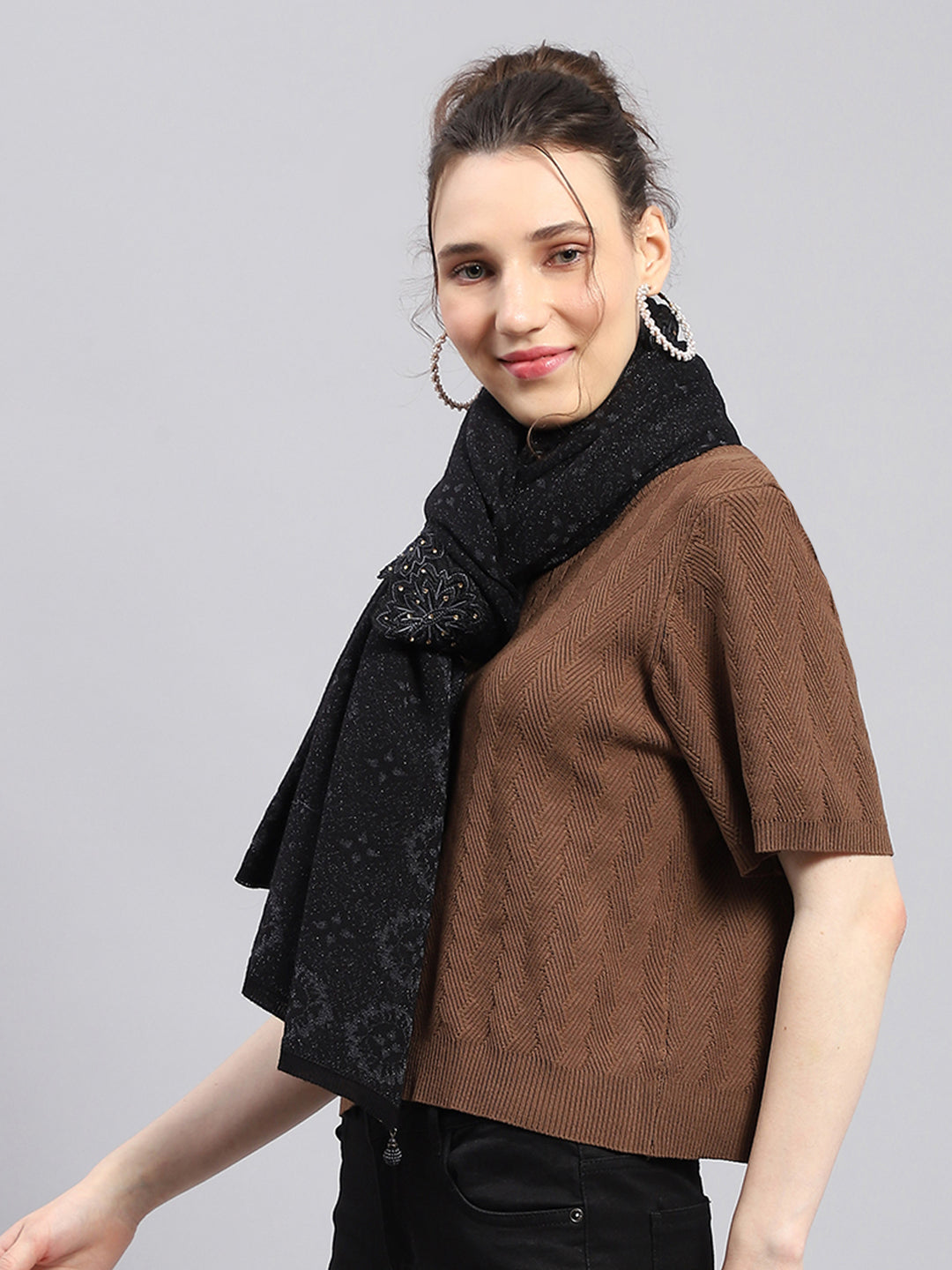 Women Black Self Design Stole