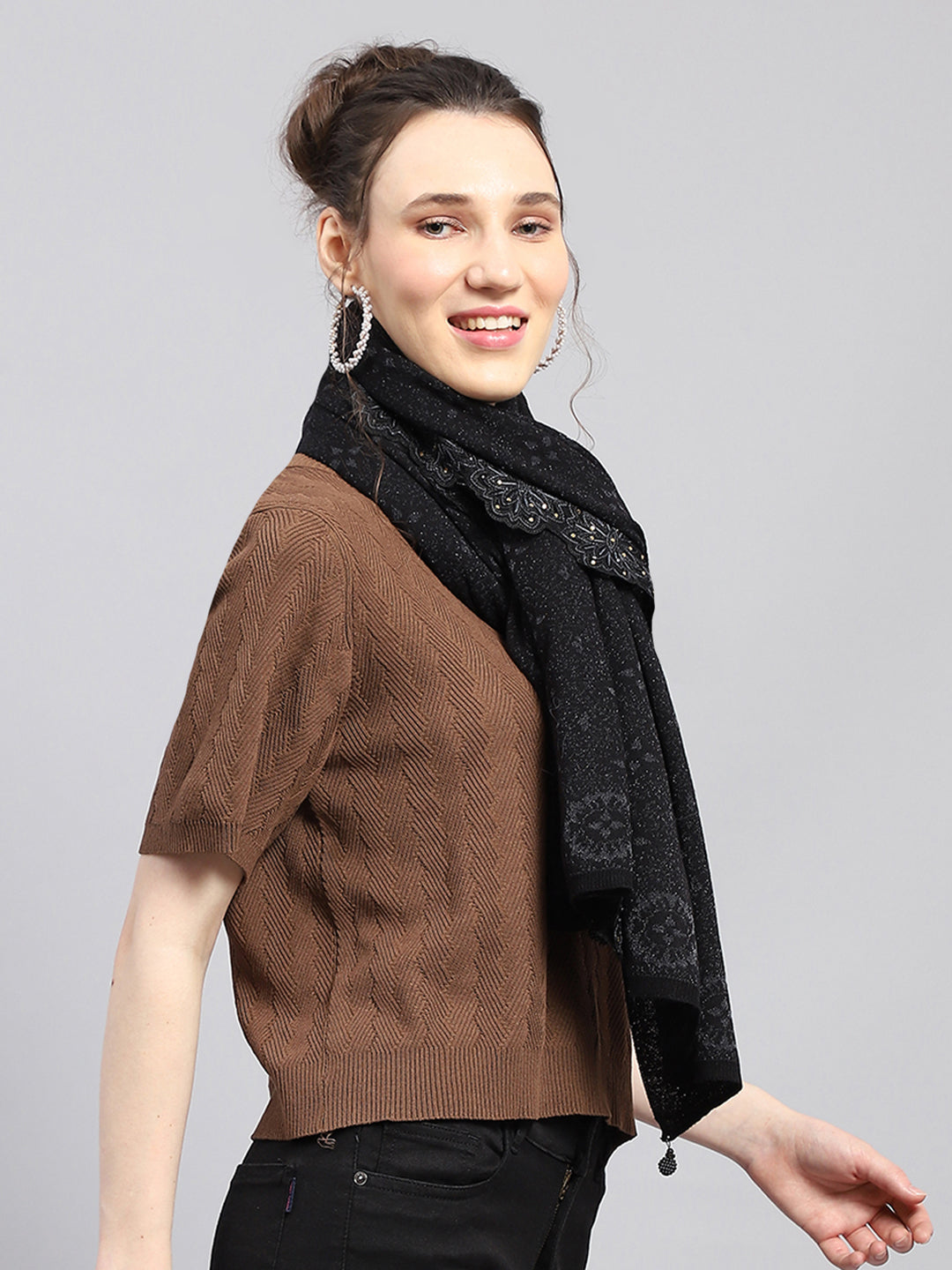 Women Black Self Design Stole