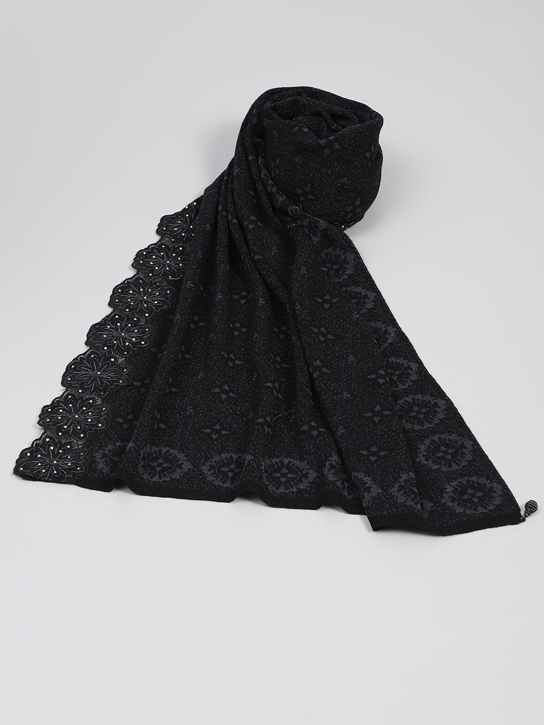 Women Black Self Design Stole