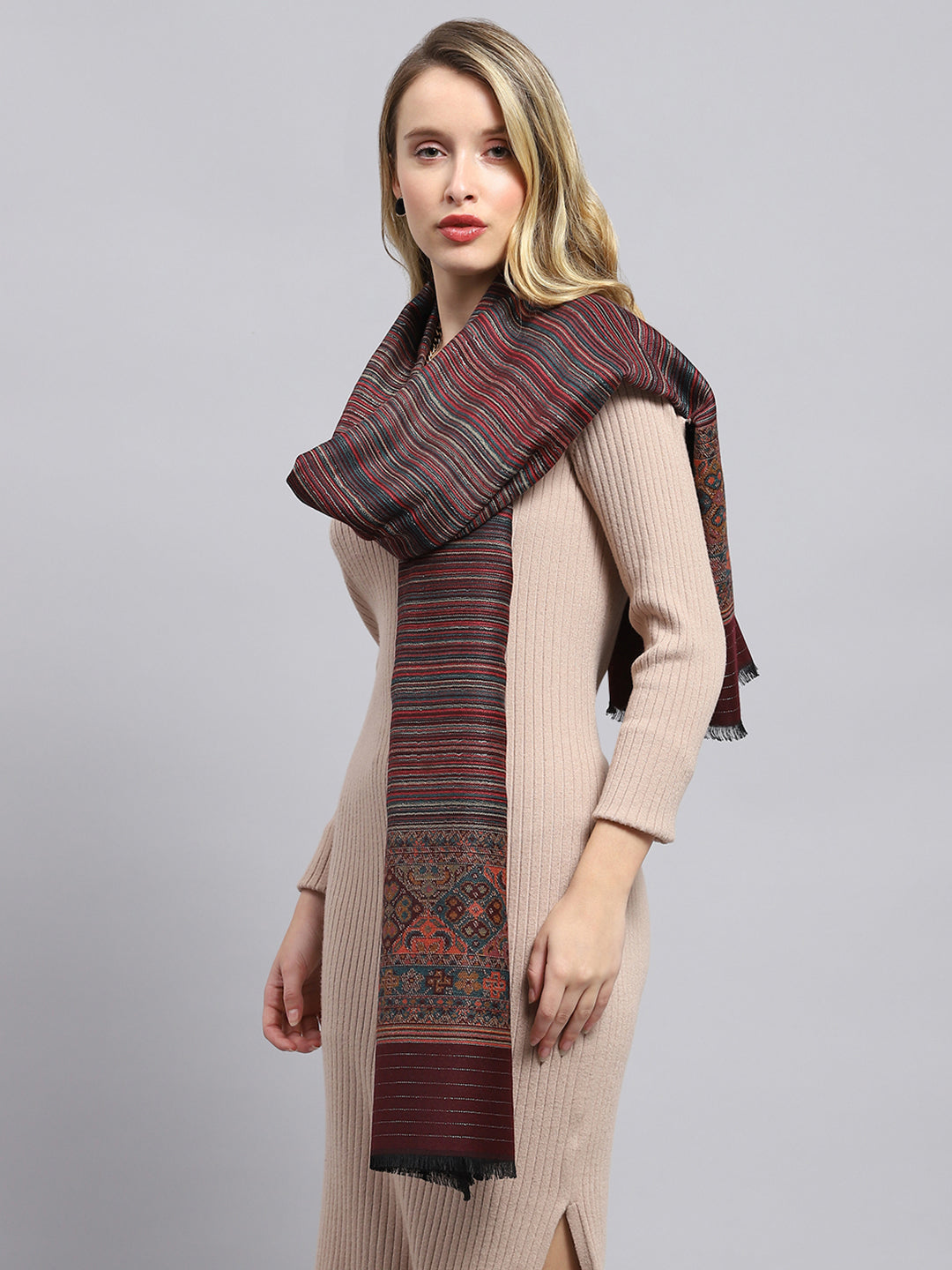 Women Maroon Self Design Stole