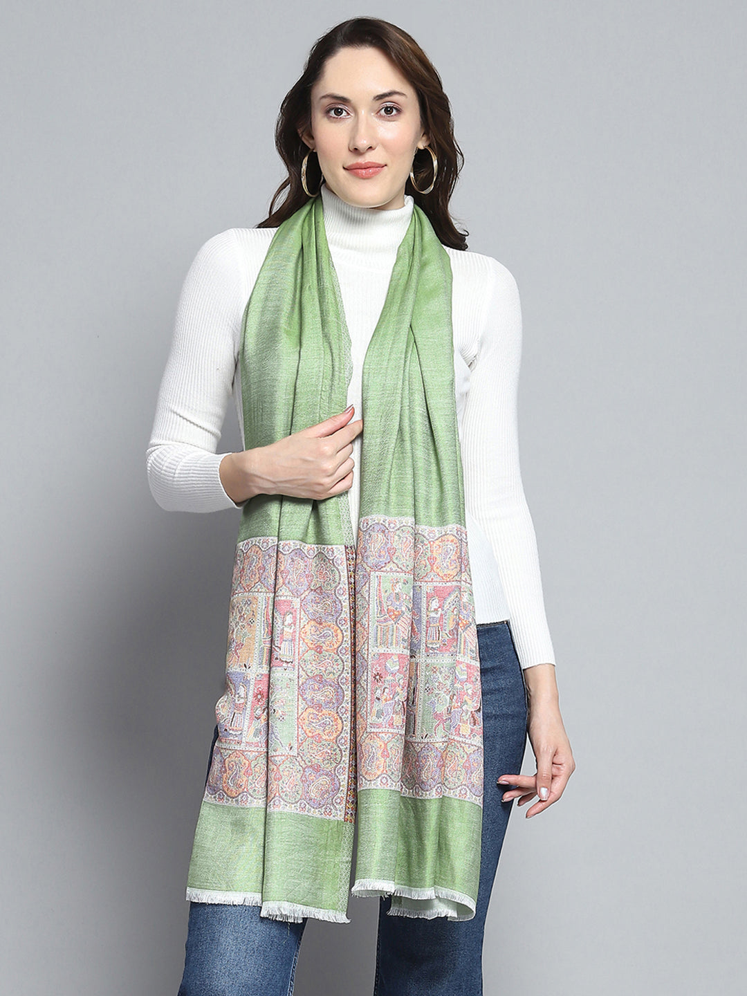 Women Green Self Design Stole