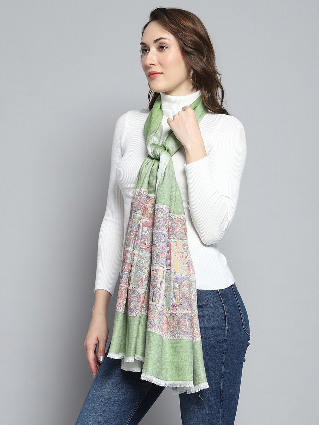 Women Green Self Design Stole