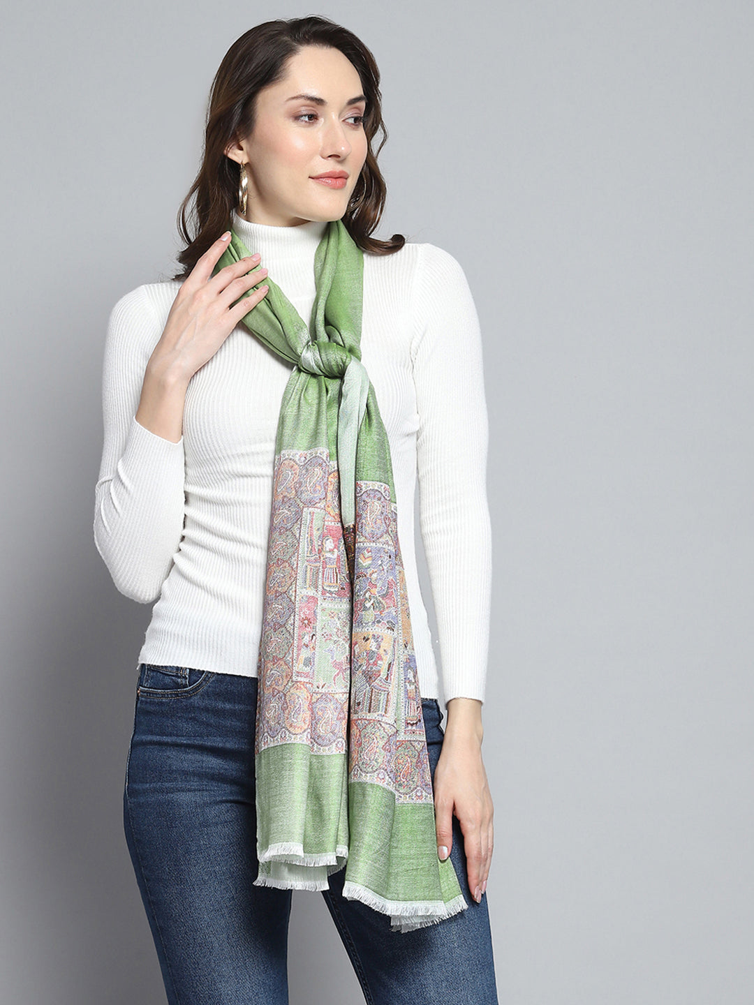 Women Green Self Design Stole