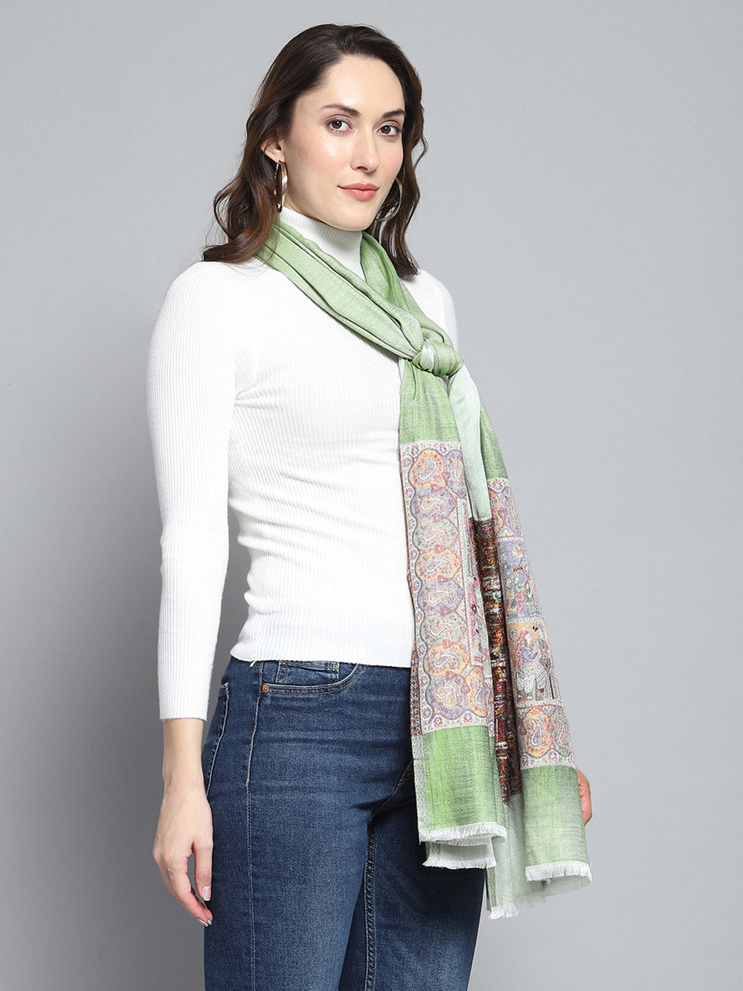 Women Green Self Design Stole