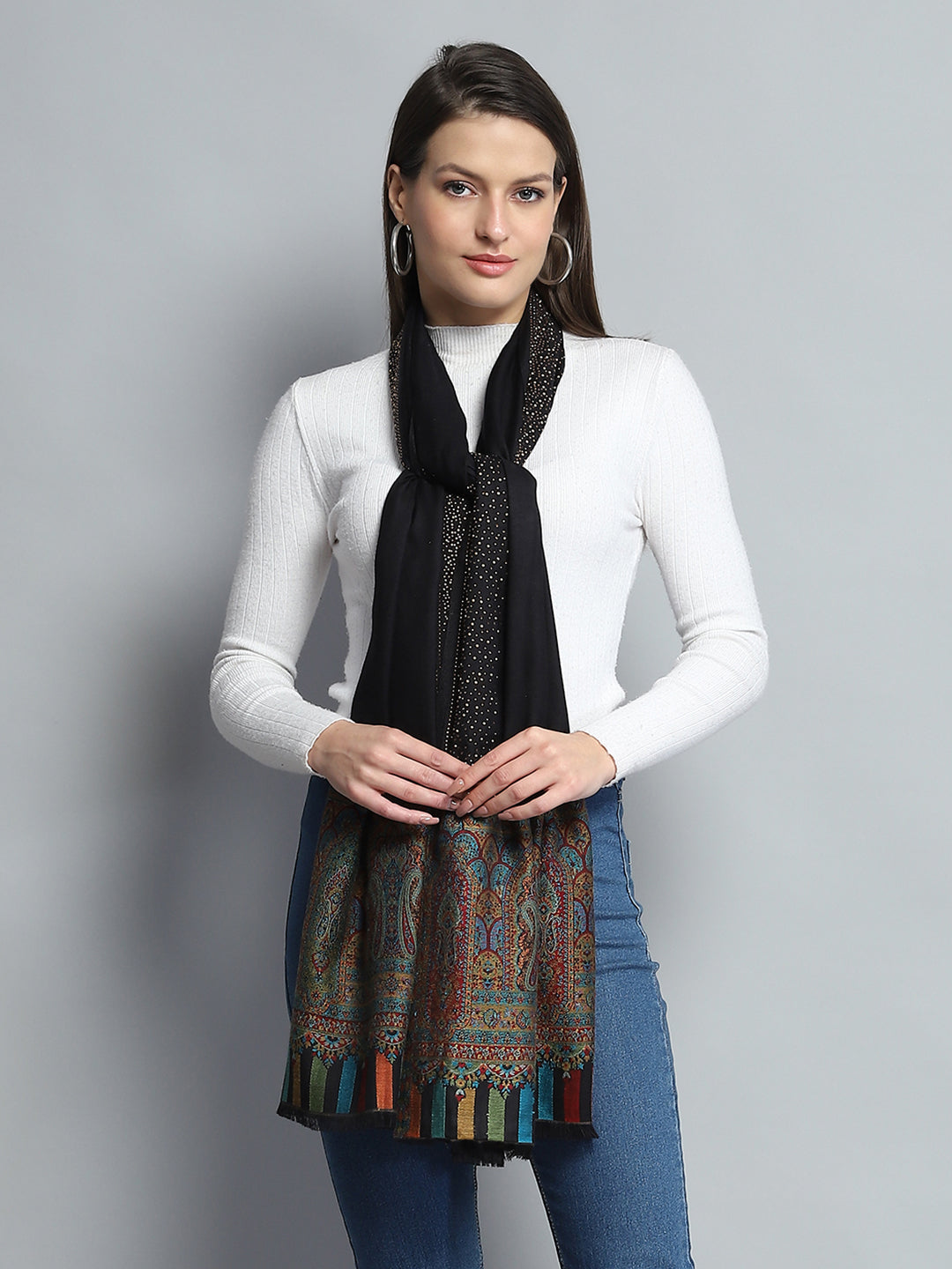 Women Black Self Design Stole