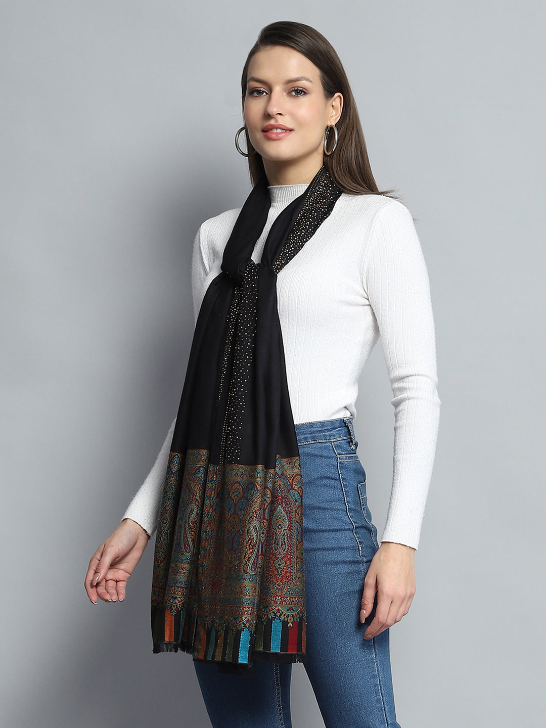 Women Black Self Design Stole