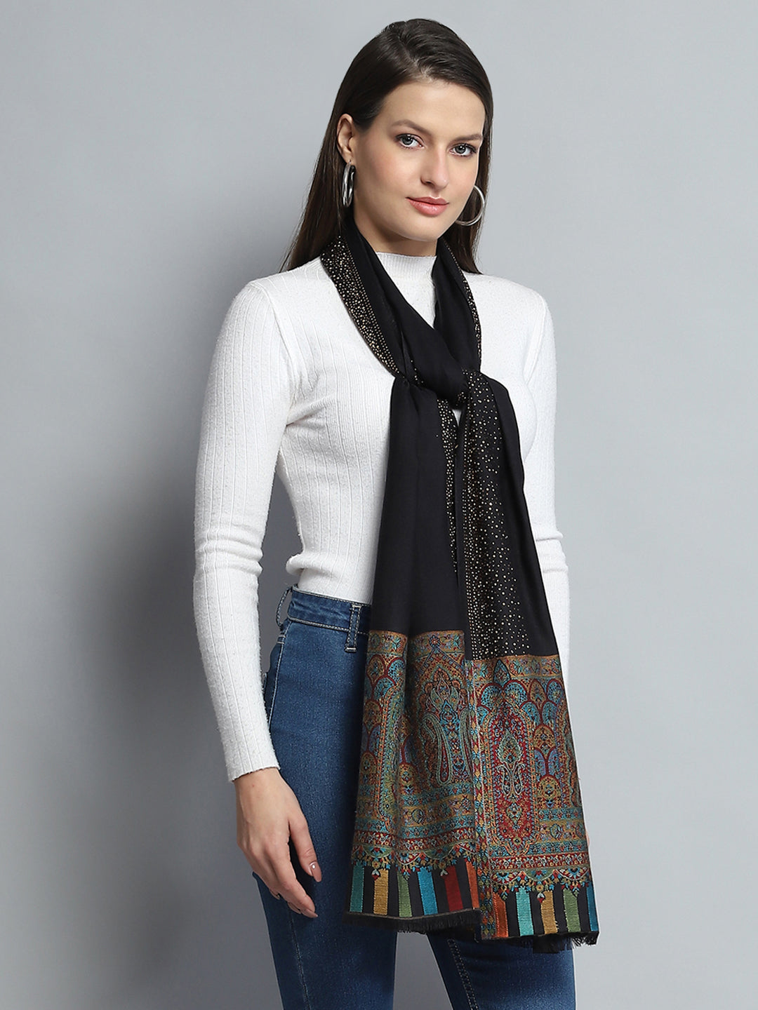 Women Black Self Design Stole