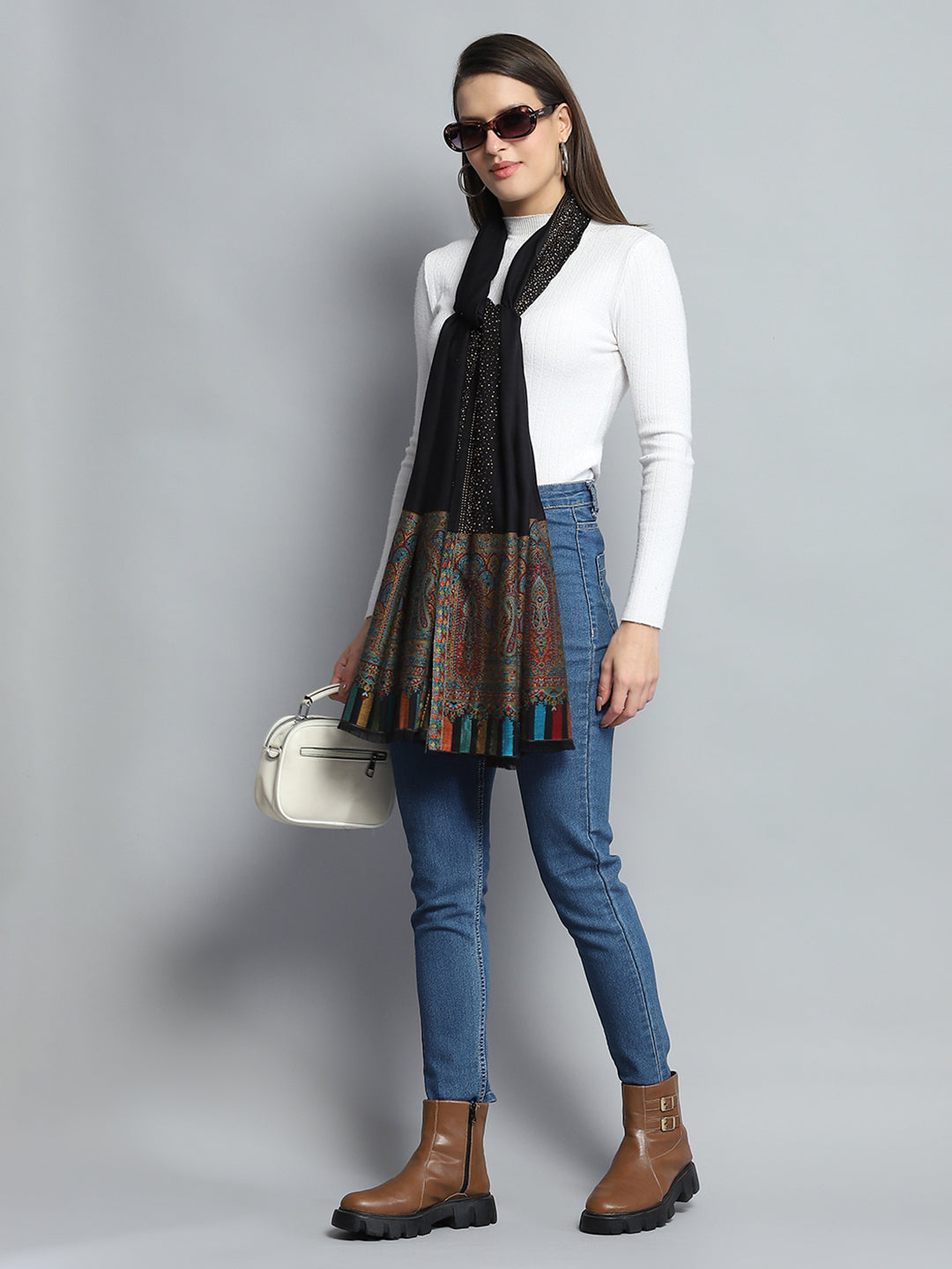 Women Black Self Design Stole