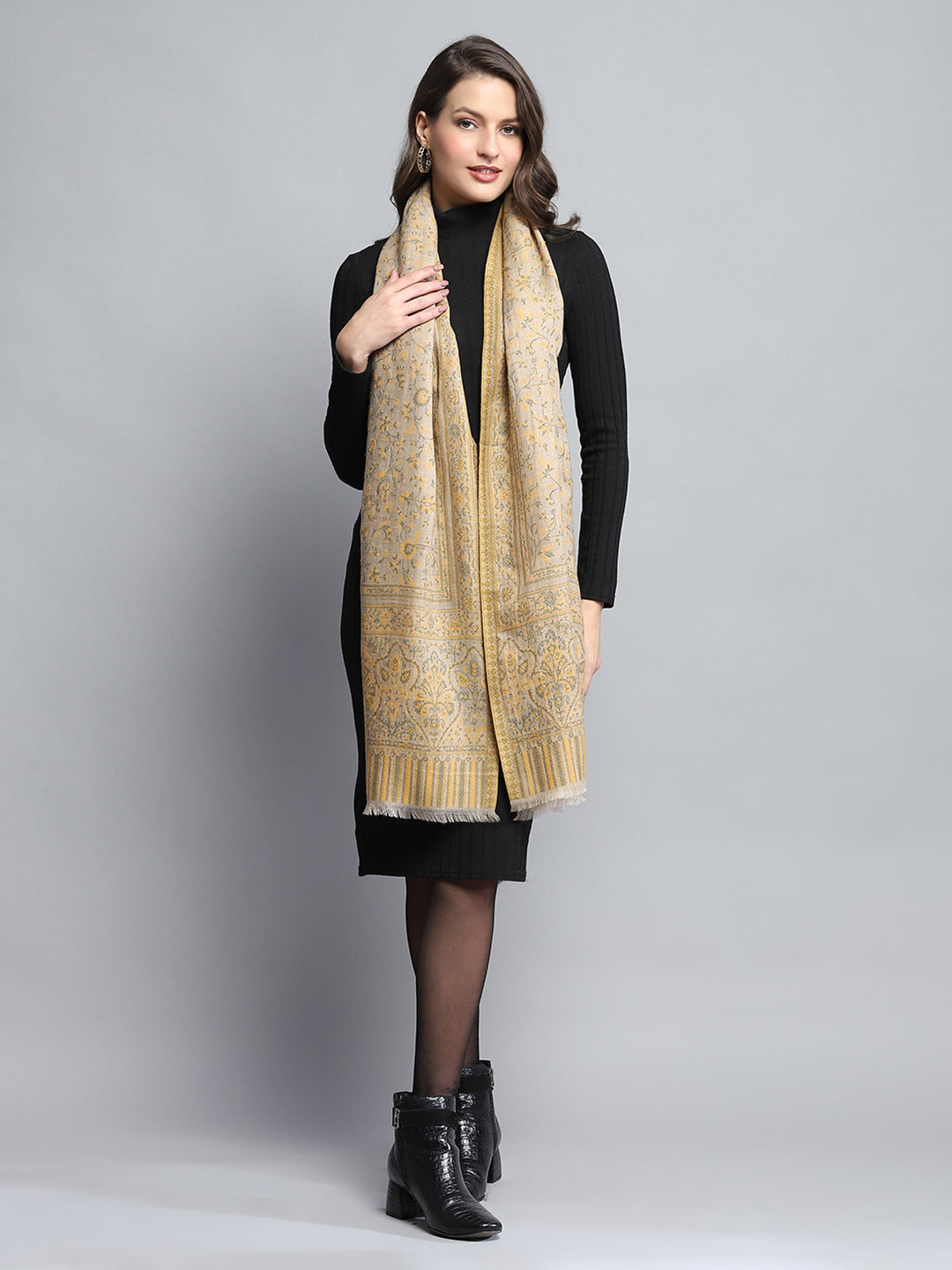 Women Mustard Self Design Stole