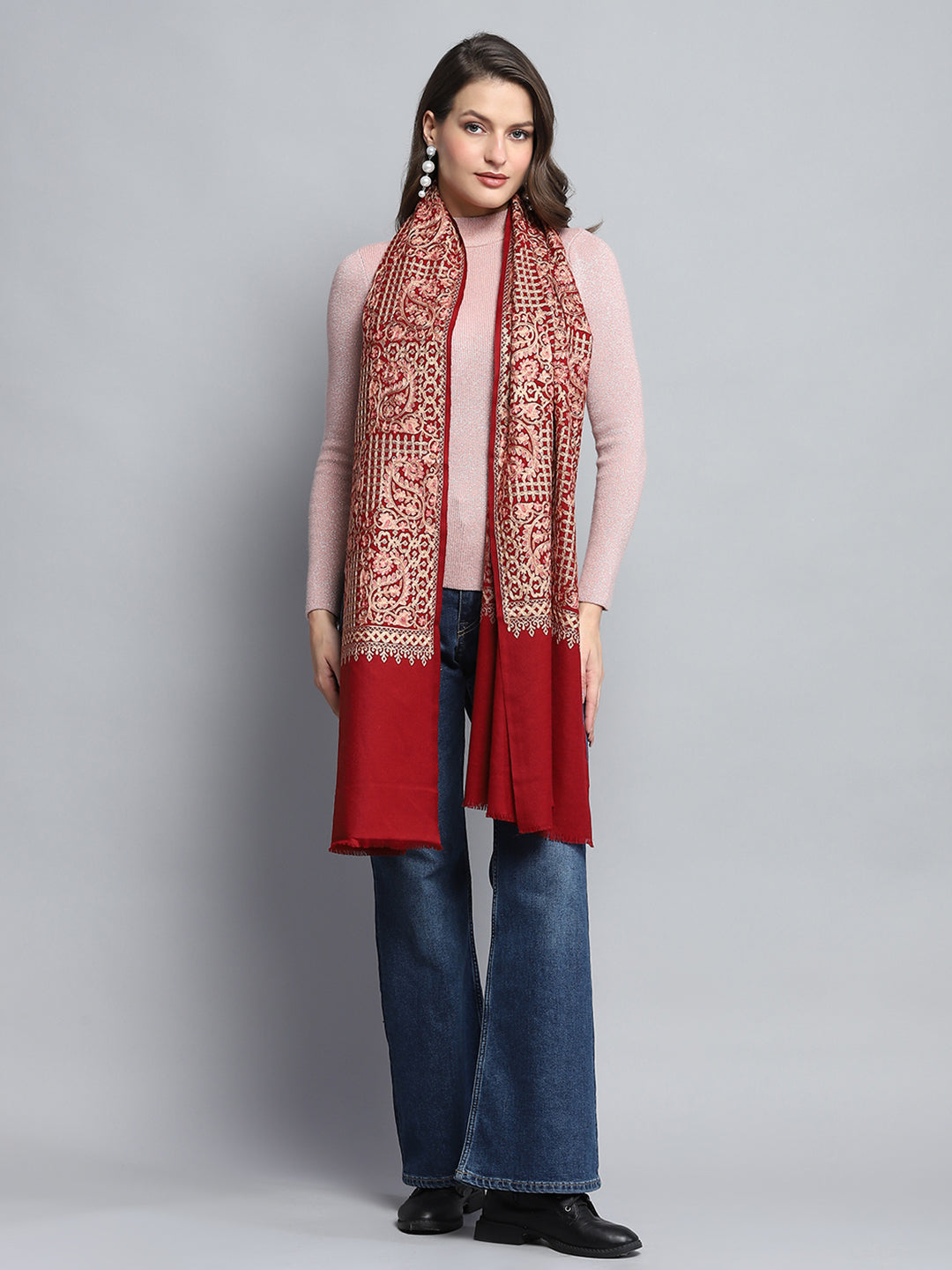 Women Maroon Self Design Stole