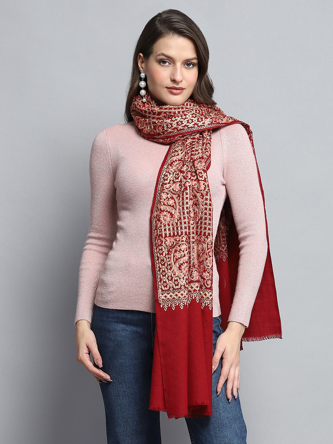 Women Maroon Self Design Stole