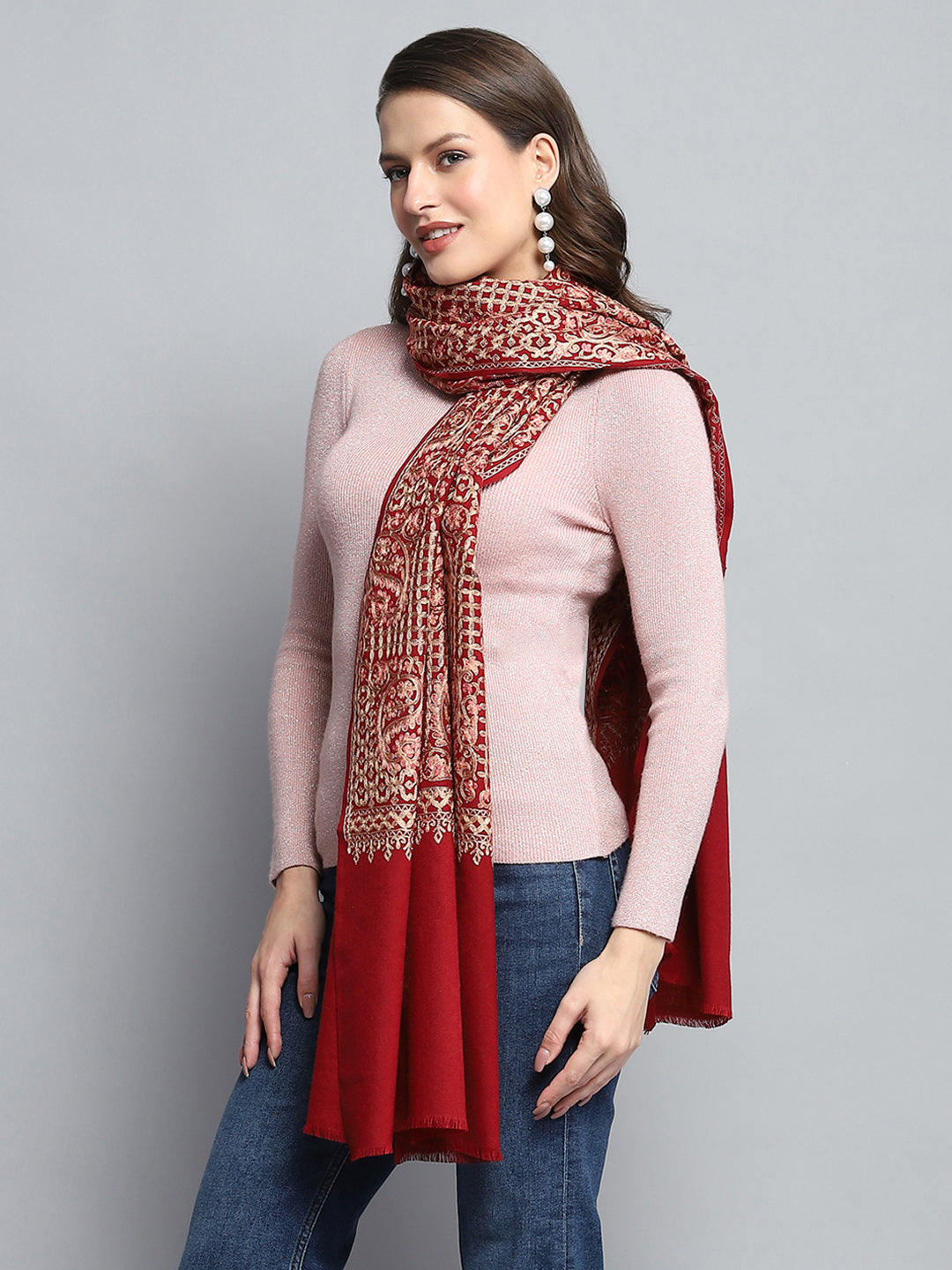 Women Maroon Self Design Stole