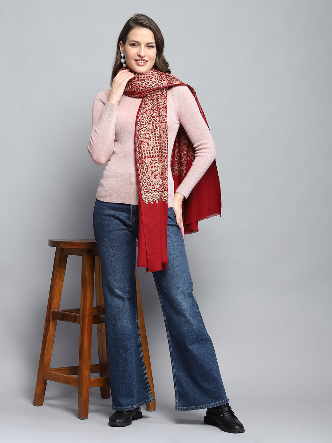Women Maroon Self Design Stole