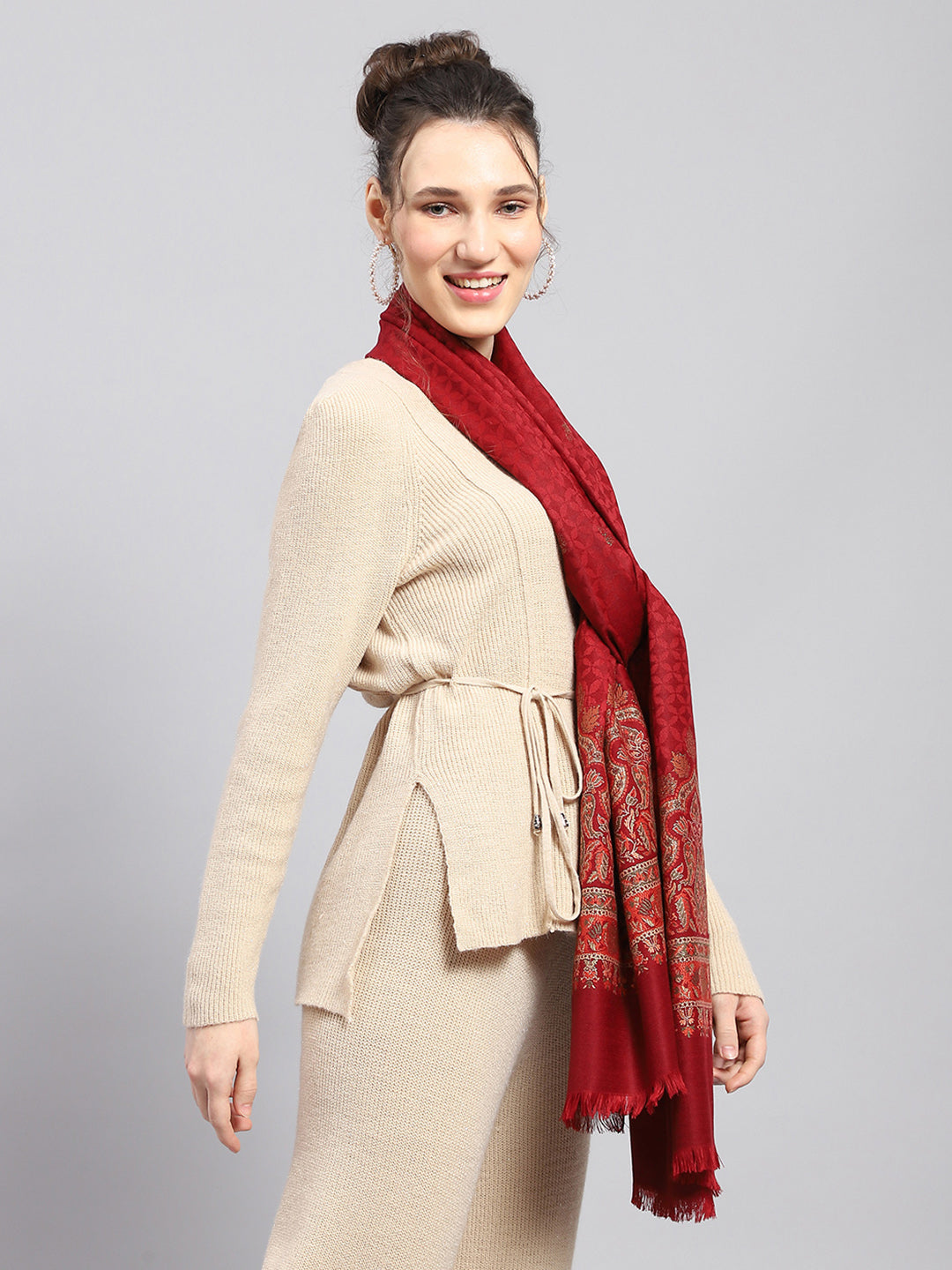 Women Maroon Self Design Stole