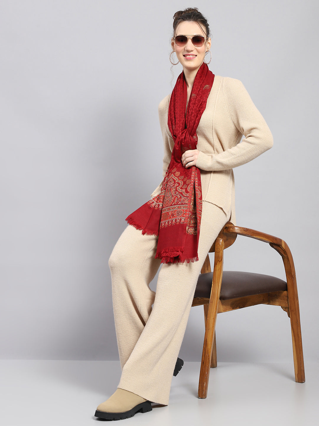 Women Maroon Self Design Stole