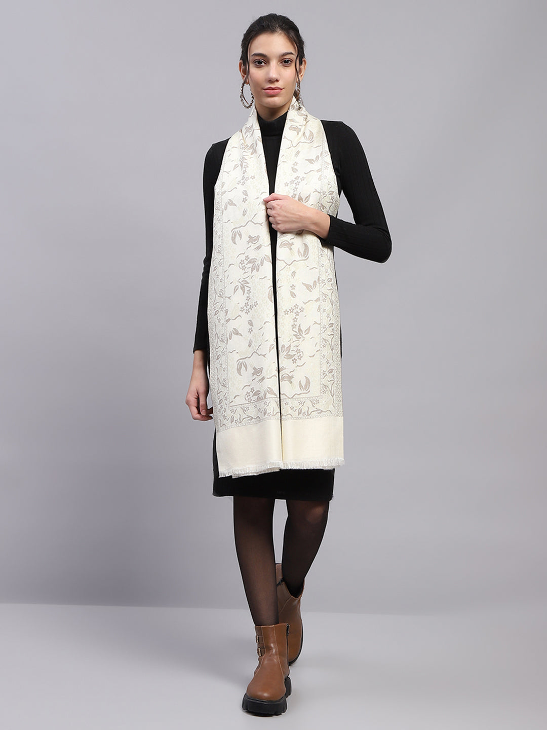 Women Cream Self Design Stole