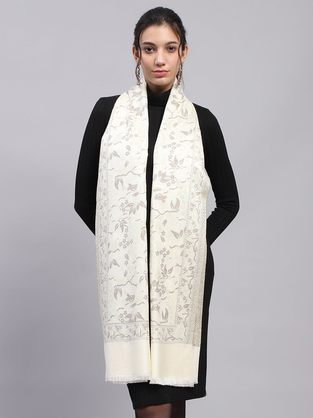 Women Cream Self Design Stole