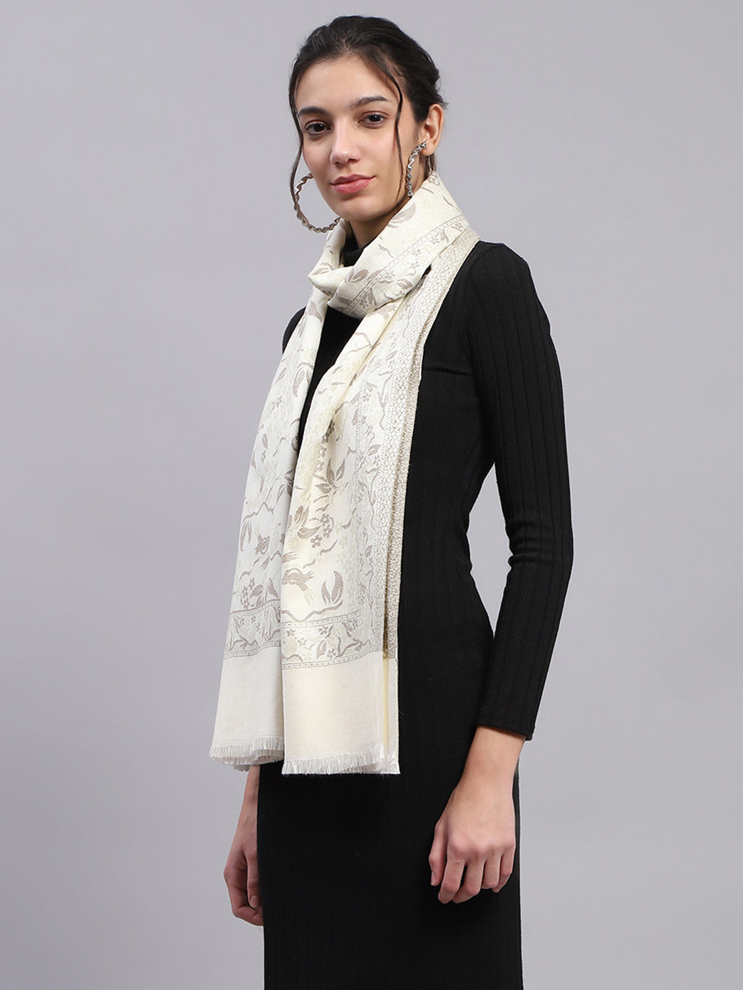 Women Cream Self Design Stole