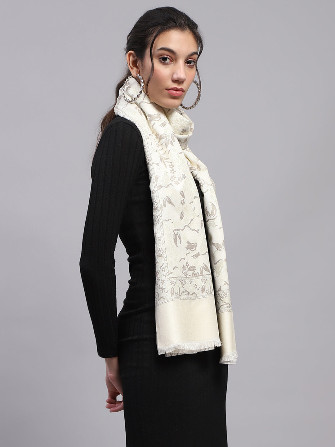 Women Cream Self Design Stole