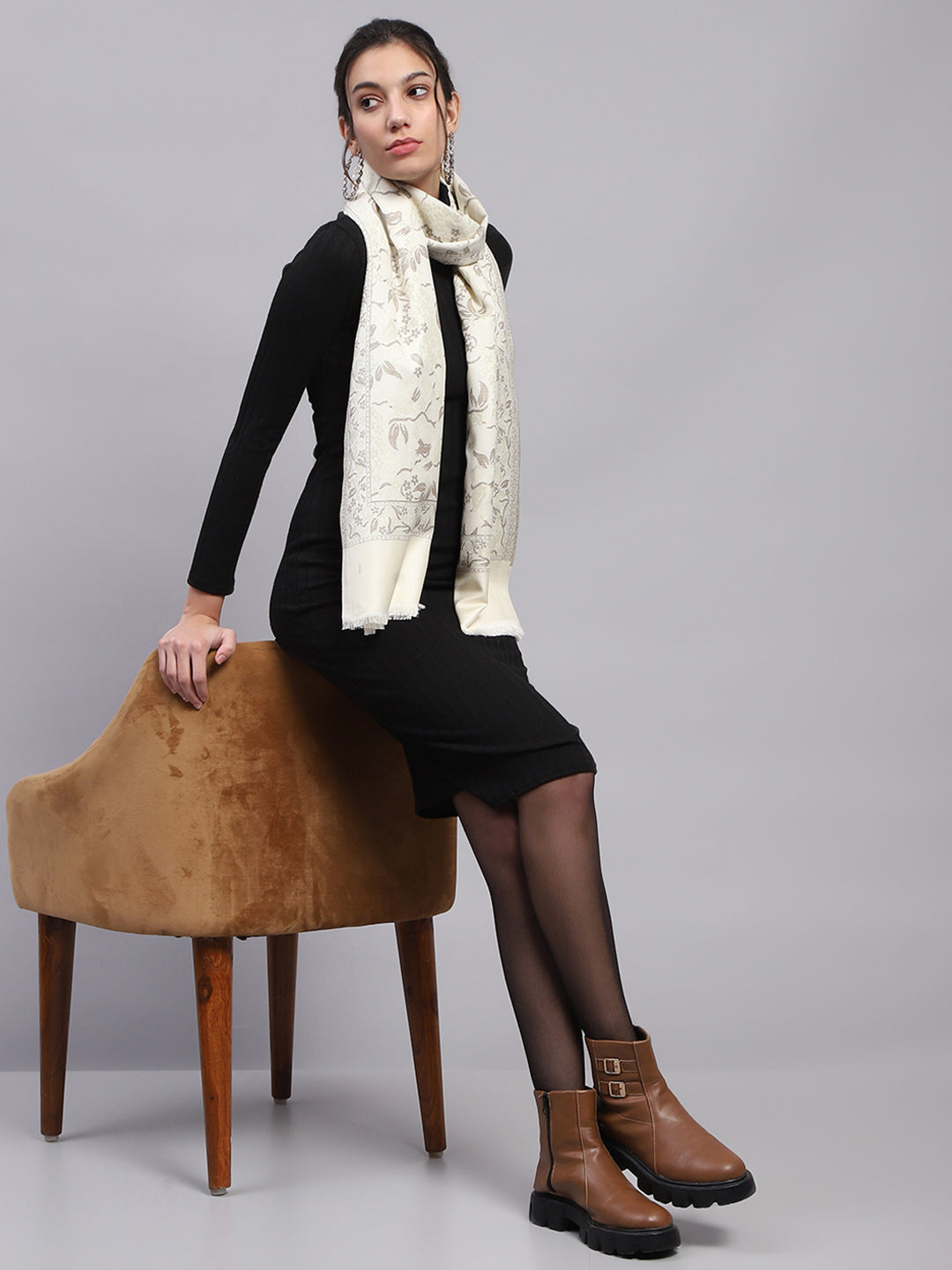 Women Cream Self Design Stole