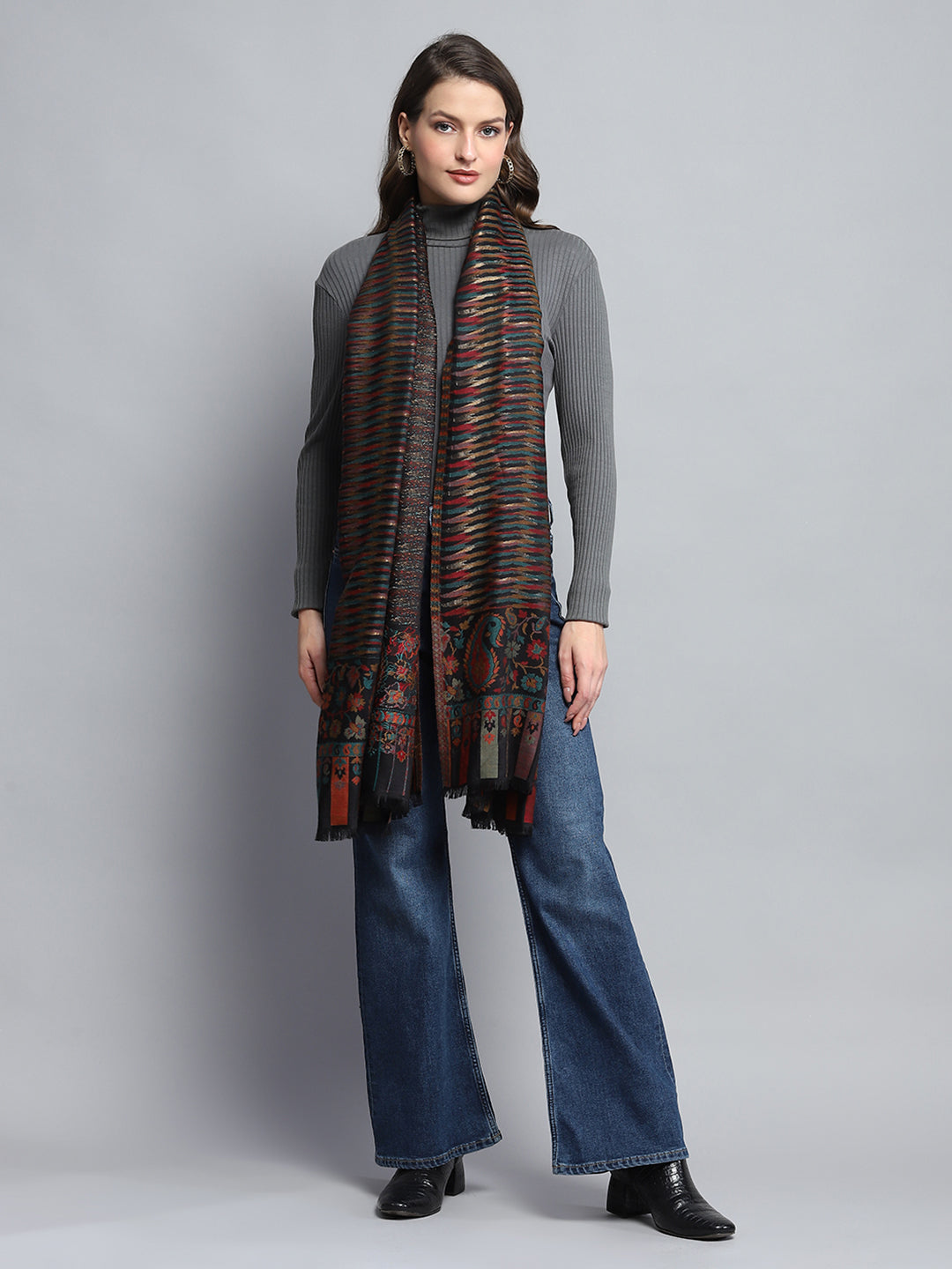 Women Black Self Design Stole