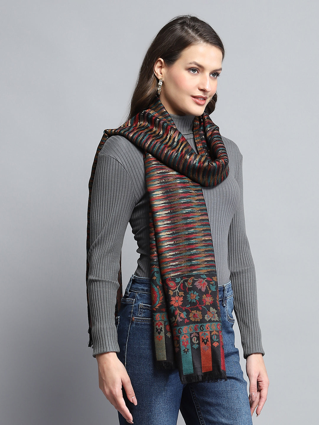 Women Black Self Design Stole