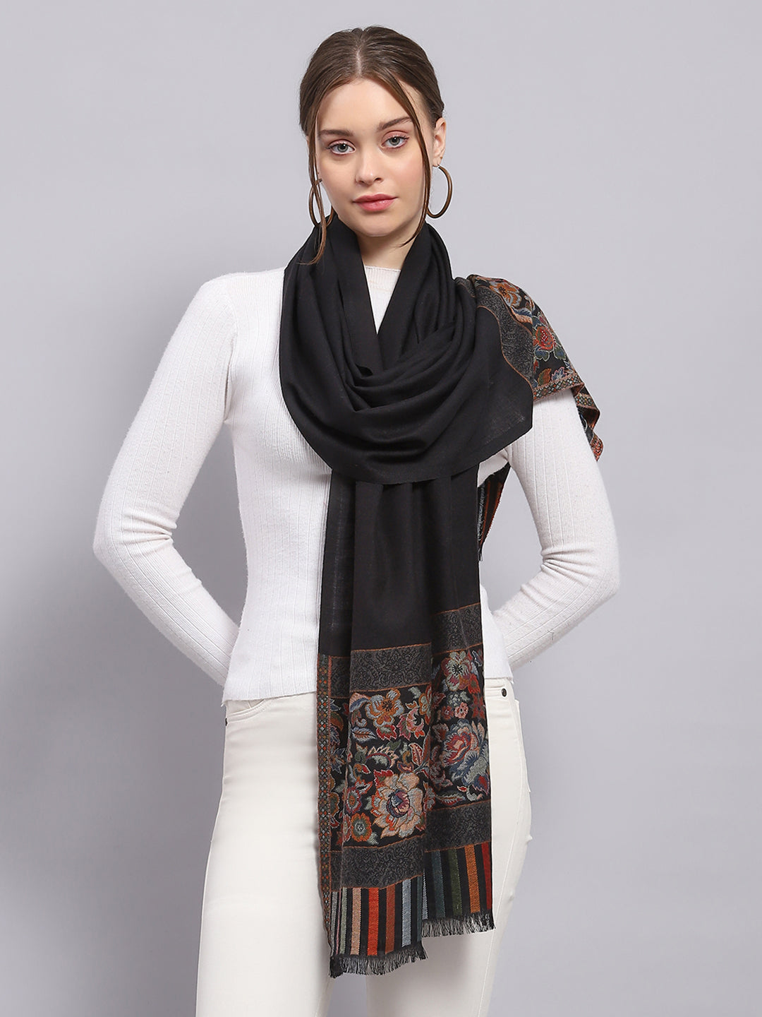 Women Black Self Design Stole