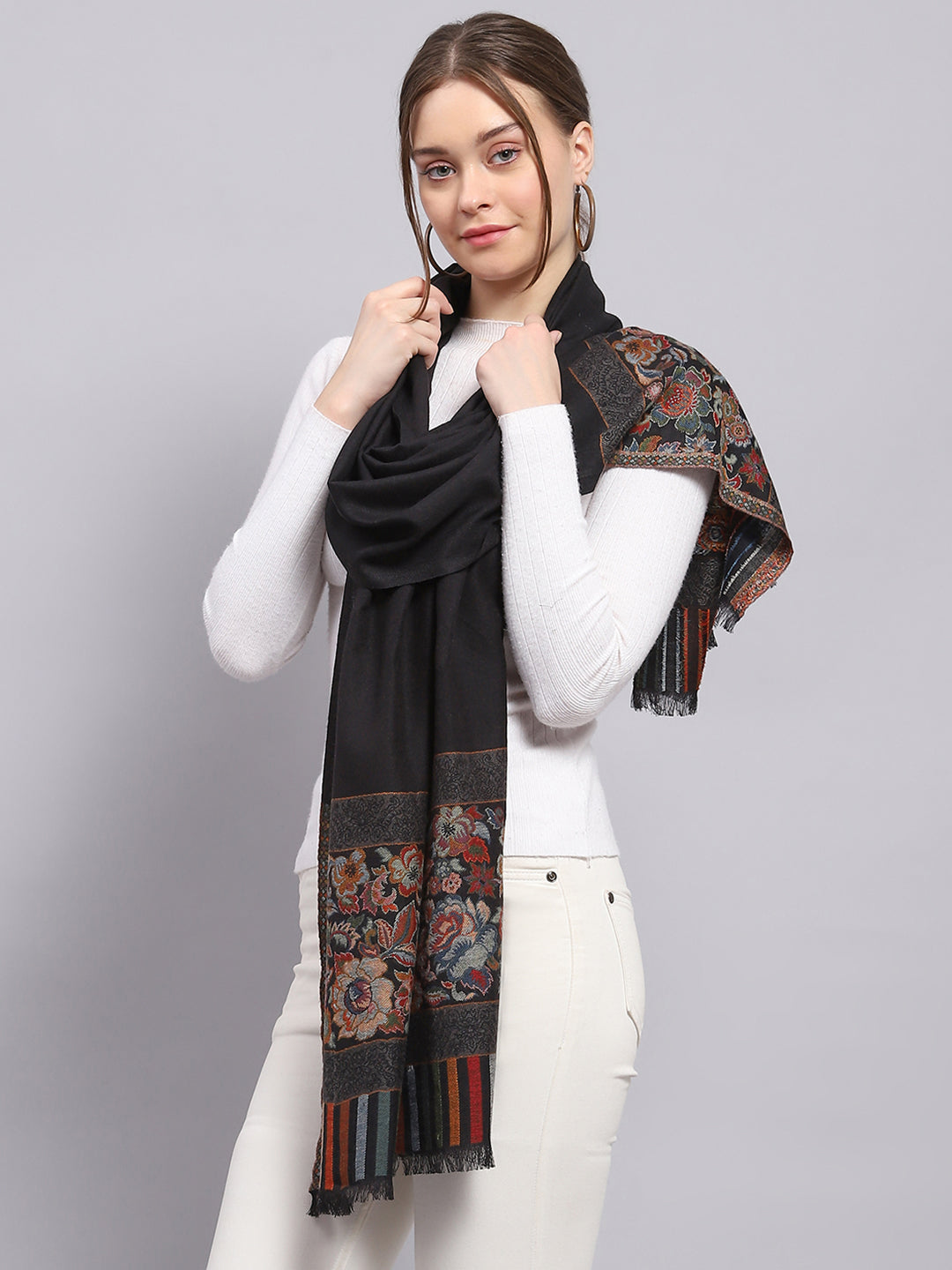 Women Black Self Design Stole