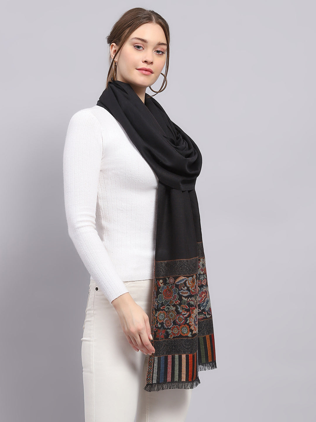 Women Black Self Design Stole