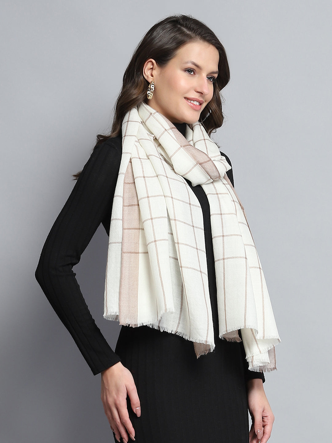 Women White Self Design Stole