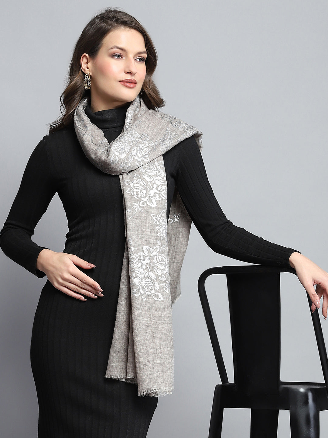 Women Beige Self Design Stole