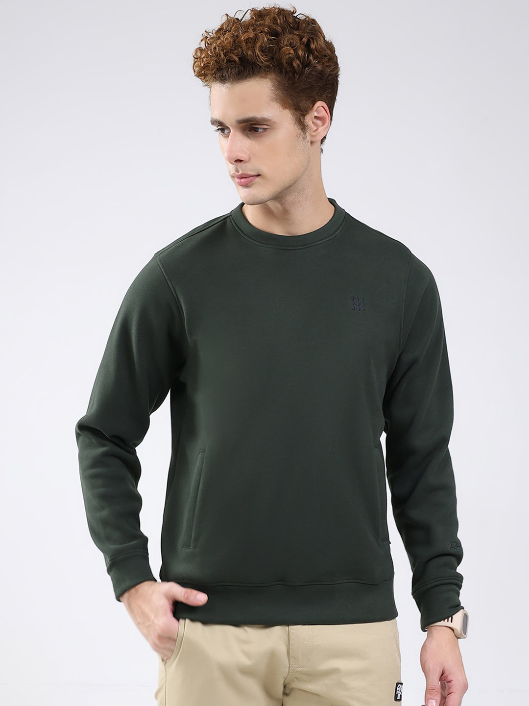 Rock.it Men Olive Solid Round Neck Full Sleeve Sweatshirt