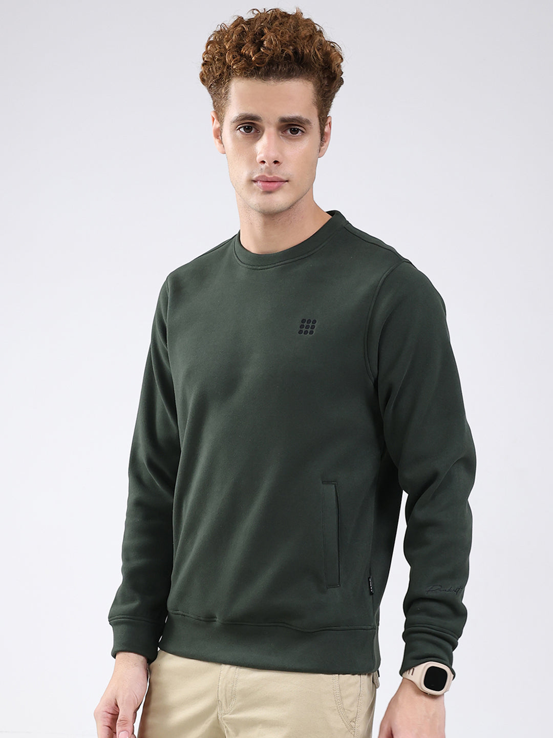 Rock.it Men Olive Solid Round Neck Full Sleeve Sweatshirt