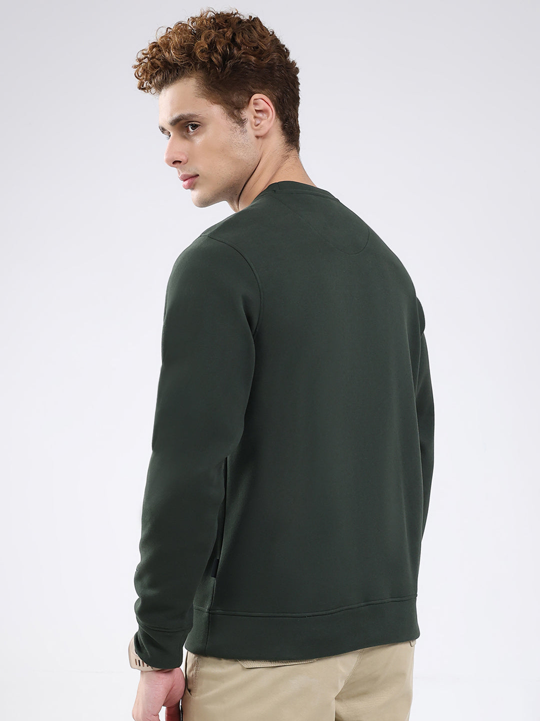 Rock.it Men Olive Solid Round Neck Full Sleeve Sweatshirt