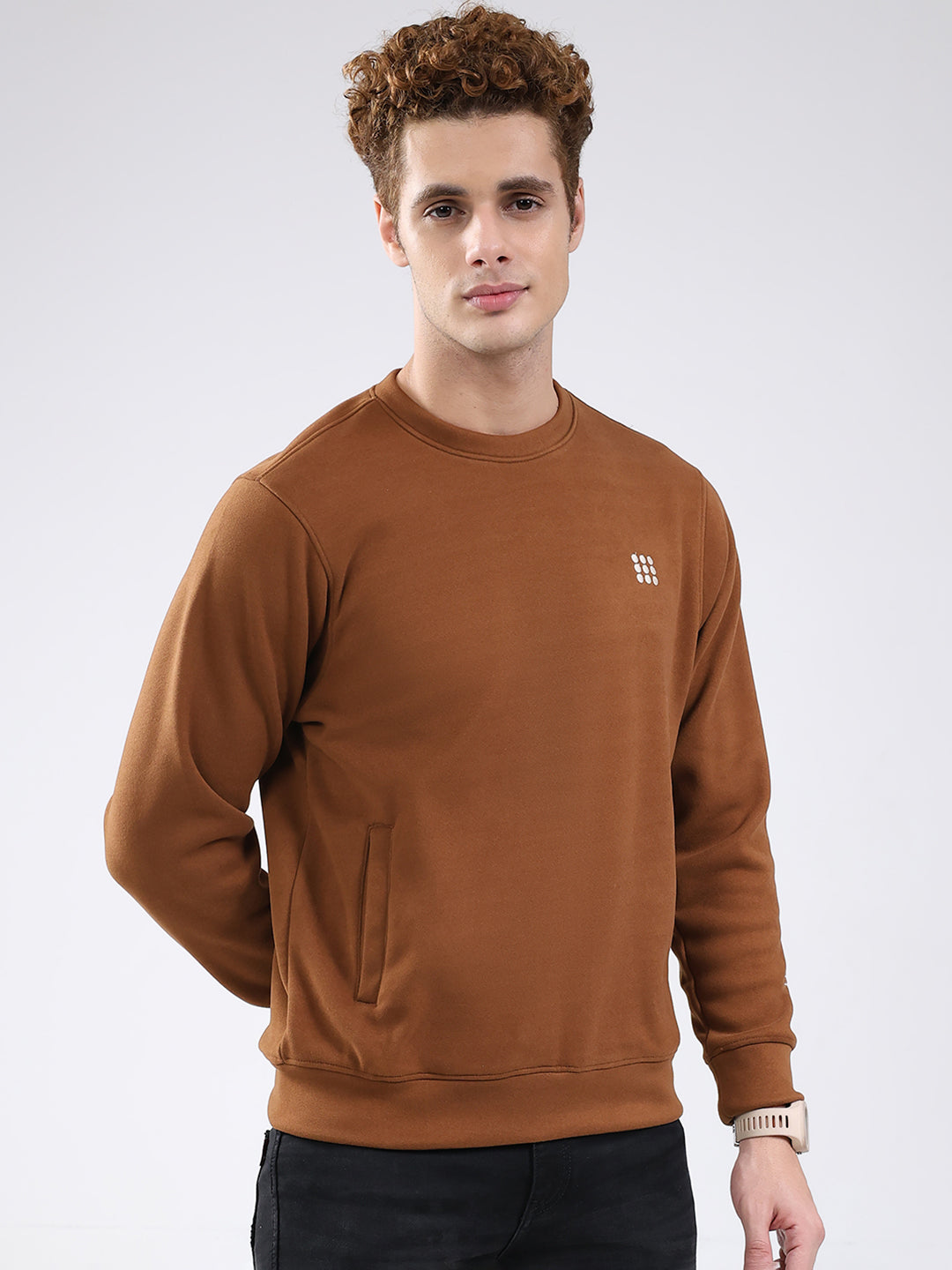 Rock.it Men Brown Solid Round Neck Full Sleeve Sweatshirt