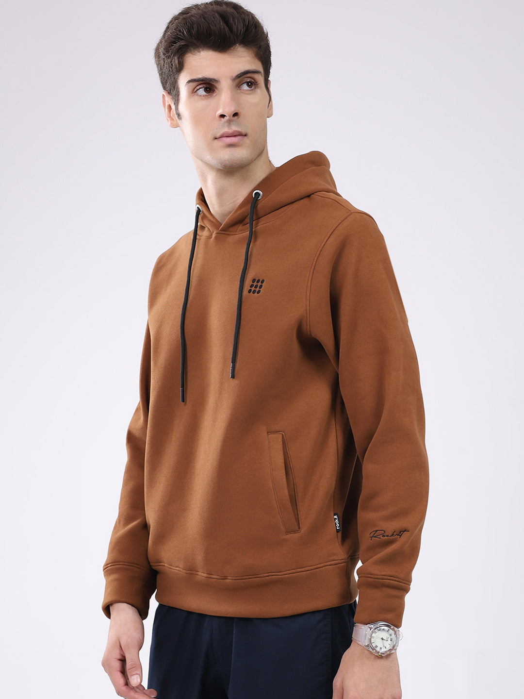 Rock.it Men Tan Solid Hooded Full Sleeve Sweatshirt