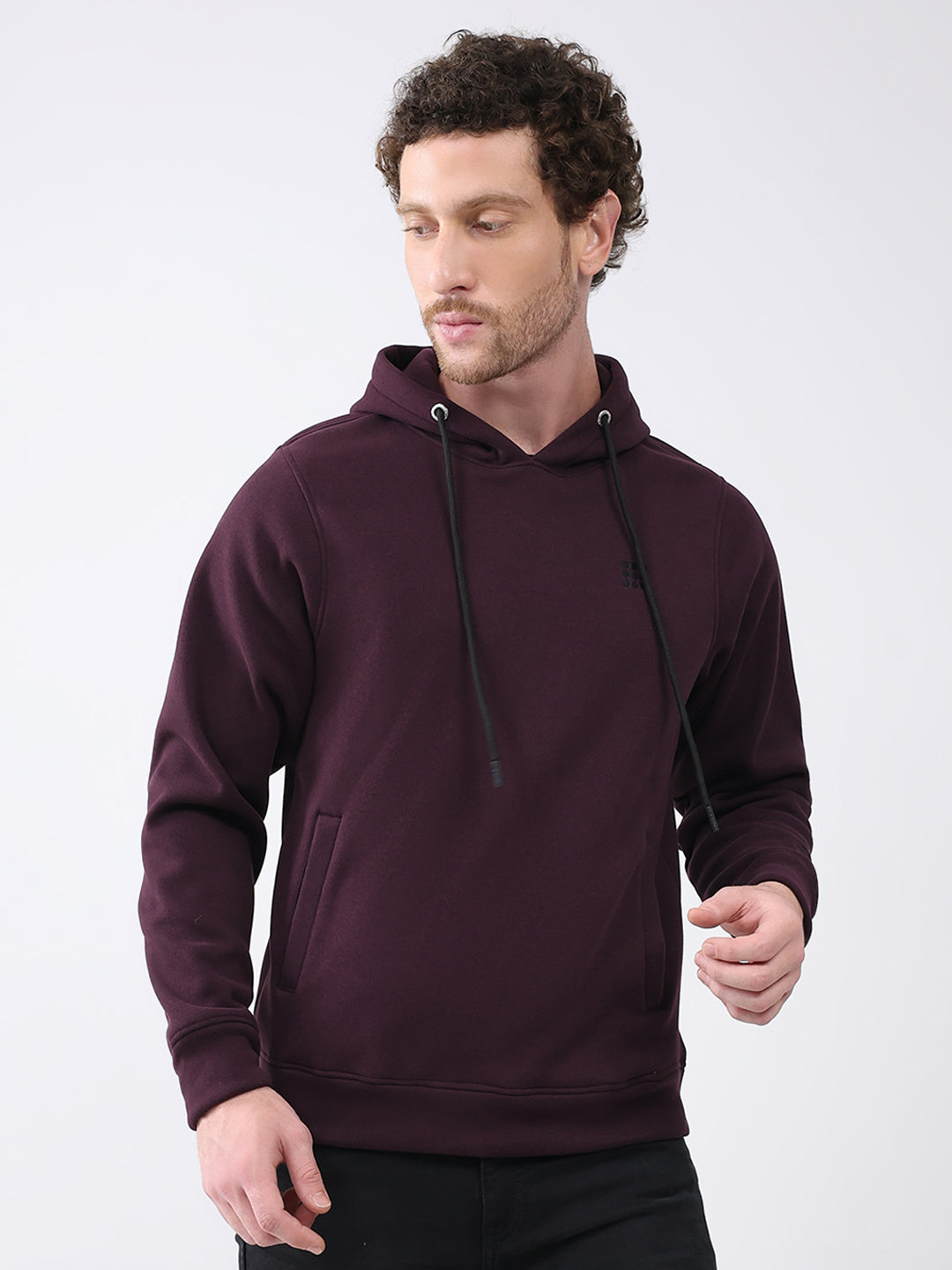 Rock.it Men Maroon Solid Hooded Full Sleeve Sweatshirt