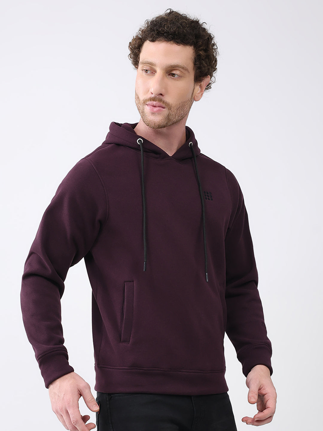 Rock.it Men Maroon Solid Hooded Full Sleeve Sweatshirt