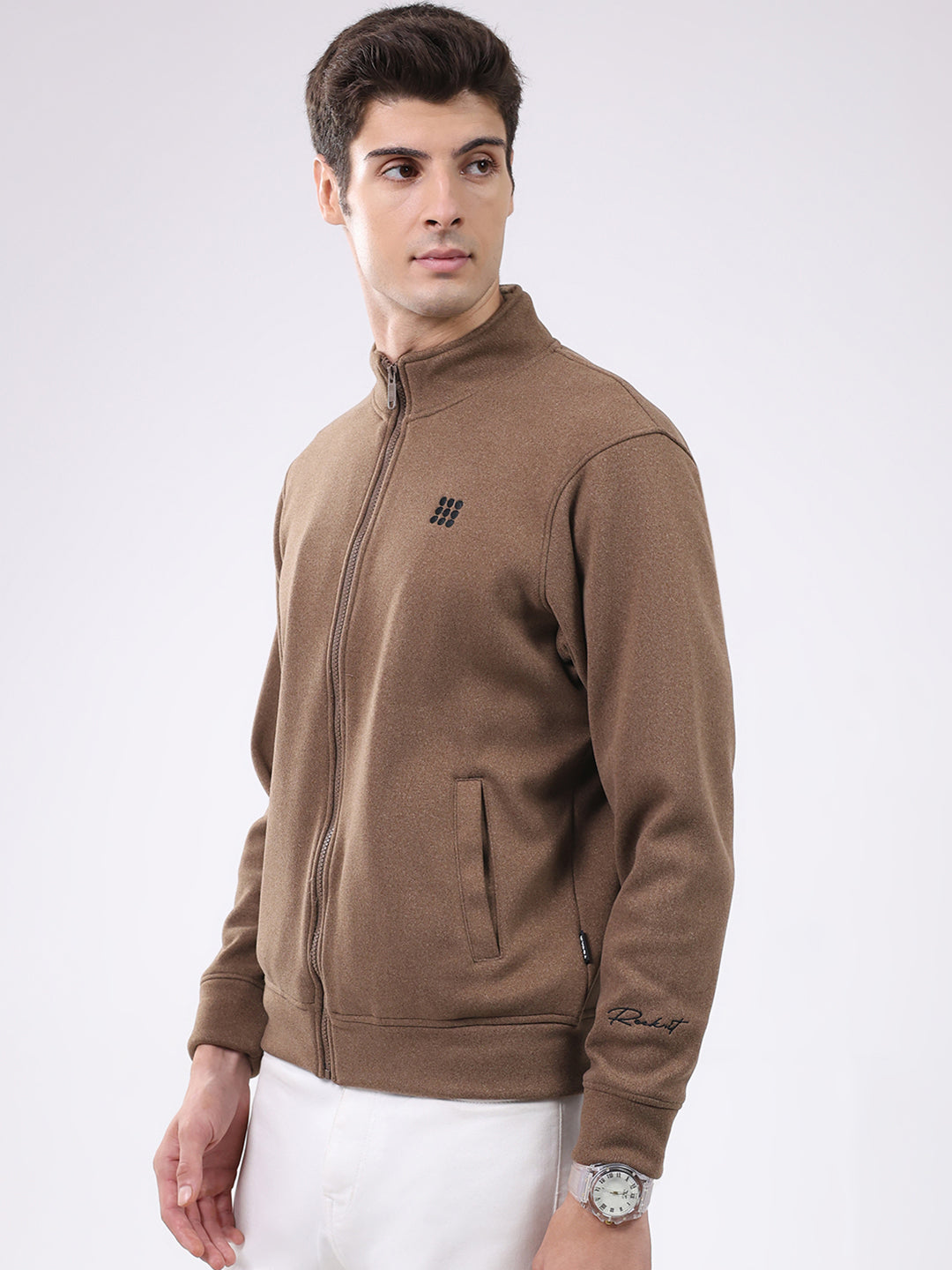 Rock.it Men Brown Solid Mock Neck Full Sleeve Sweatshirt