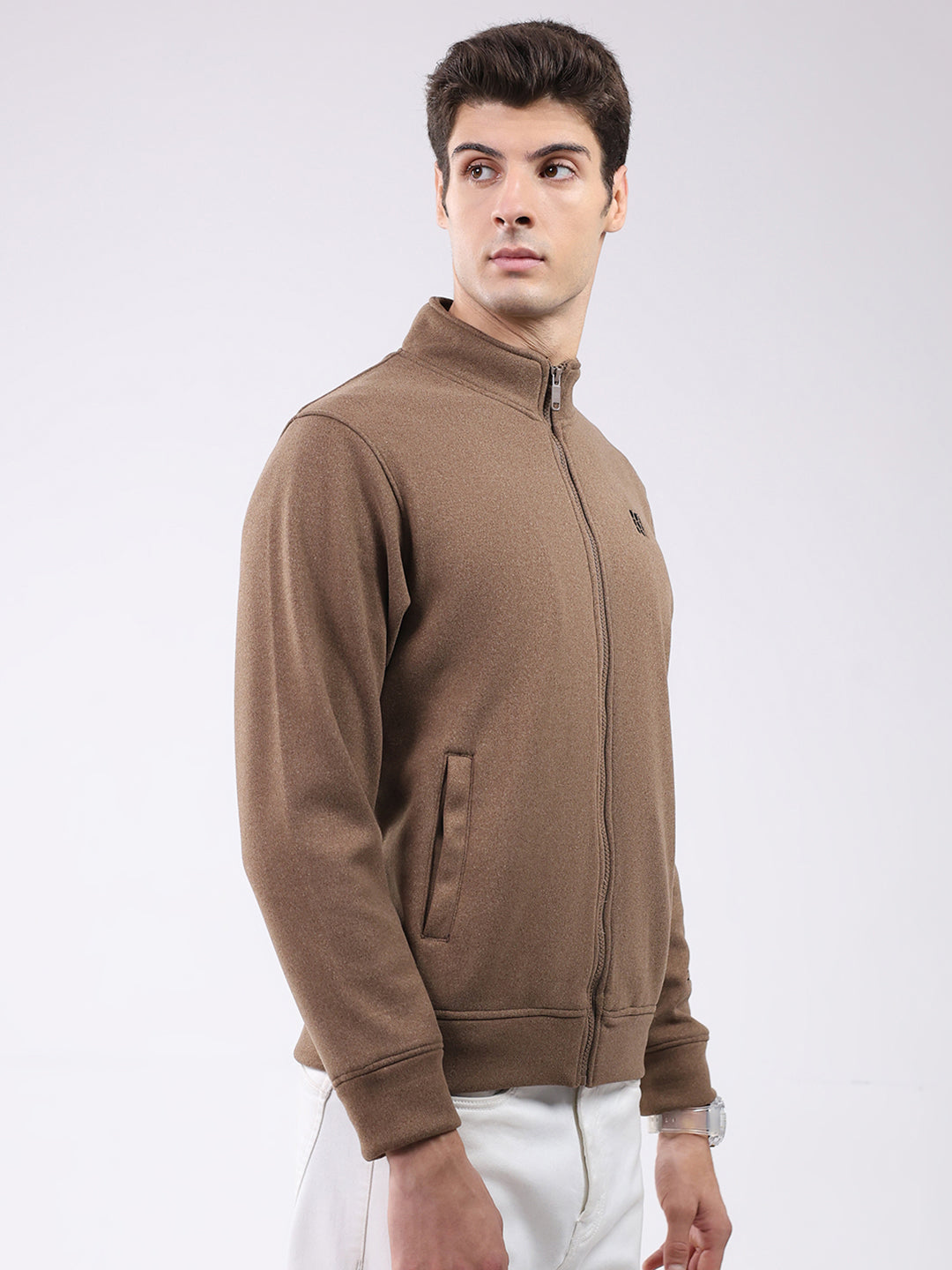 Rock.it Men Brown Solid Mock Neck Full Sleeve Sweatshirt