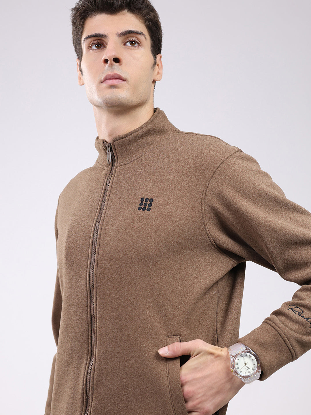 Rock.it Men Brown Solid Mock Neck Full Sleeve Sweatshirt