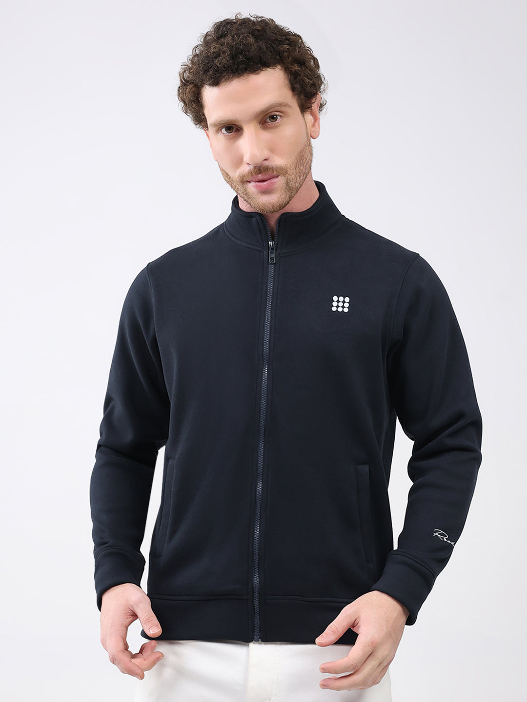 Rock.it Men Navy Blue Solid Mock Neck Full Sleeve Sweatshirt