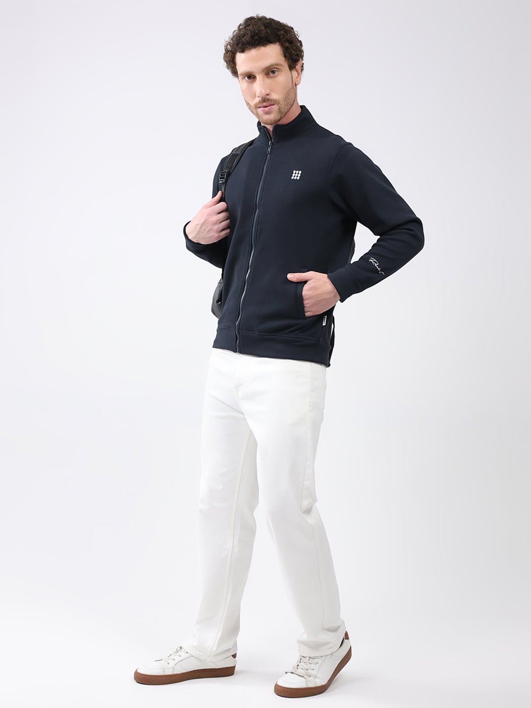 Rock.it Men Navy Blue Solid Mock Neck Full Sleeve Sweatshirt