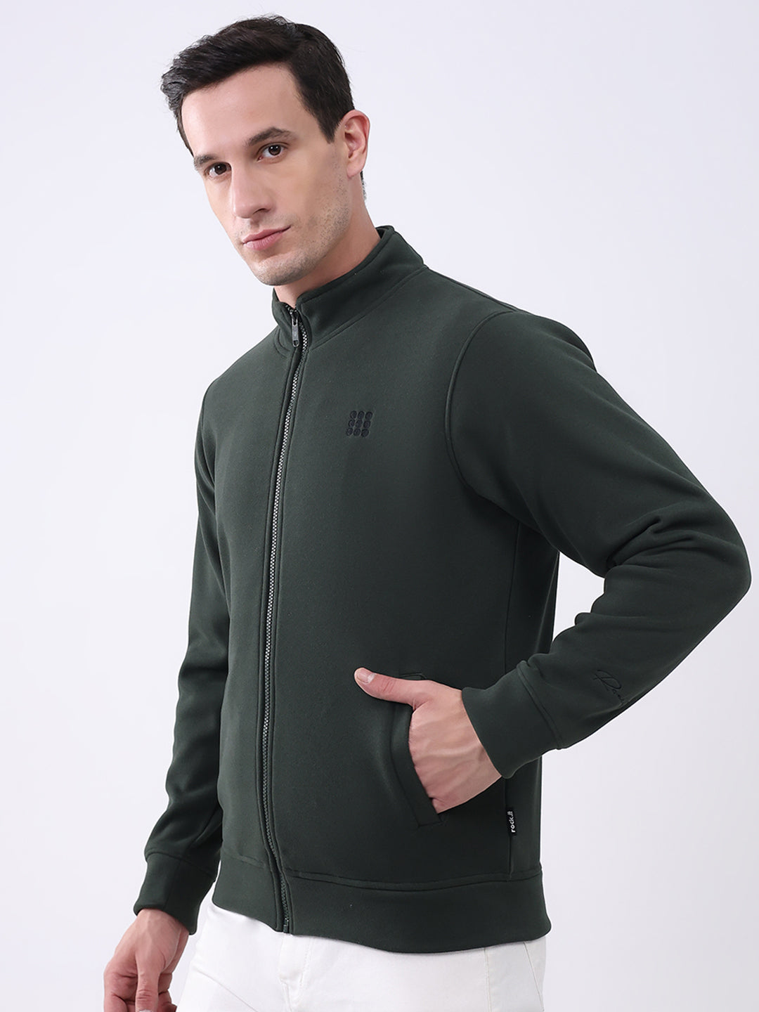 Rock.it Men Olive Solid Mock Neck Full Sleeve Sweatshirt
