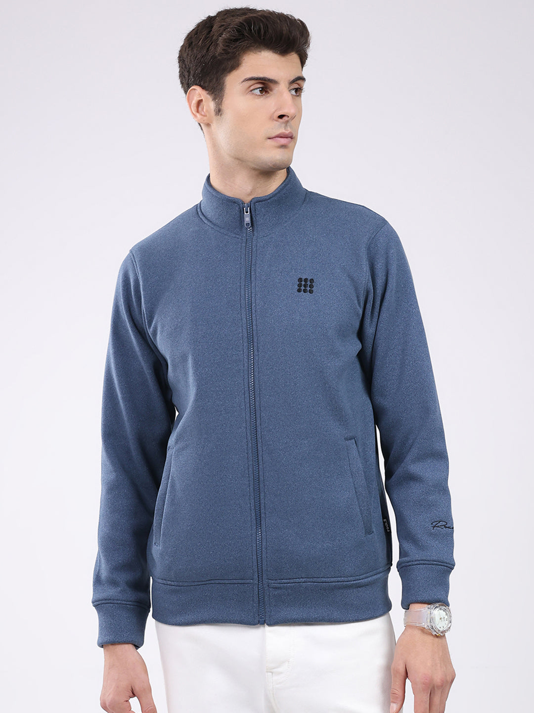 Rock.it Men Blue Solid Mock Neck Full Sleeve Sweatshirt